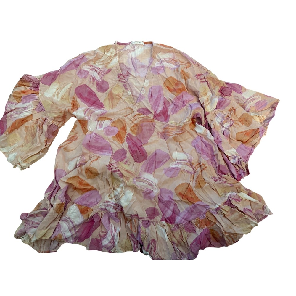 Label of Love Abstract Pink Orange Brushstroke Bell Sleeve Babydoll Dress S
